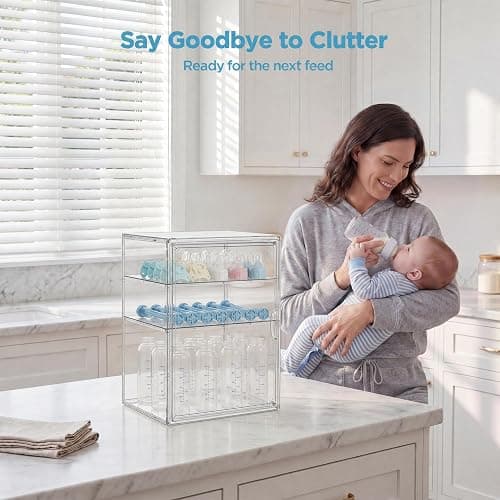 HBlife Baby Bottle Storage Organizer for Countertop Cabinet, 3 Tiers Adjustable Clear Acrylic Bottles Storage Station Case Box Container with 2 Removable Dividers and Magnetic Door, X-Large thumbnail 5
