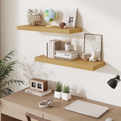 Fun Memories Floating Shelves for Wall, 30 Inch Long Floating Shelves Set of 2, 30 x 10 Wooden Shelves for Wall, Large Storage Shelves, Hanging Shelves for Bathroom Kitchen Bedroom, Oak thumbnail 2