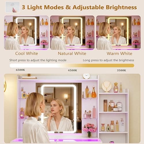 HUAHUU Vanity Desk with Mirror and Lights 3 Colors, 43.3" Makeup Vanity with Glass Top & RGB Light, White Vanity Table Set with Stool, 5 Drawers & Power Outlet for Bedroom Dressing Room thumbnail 3