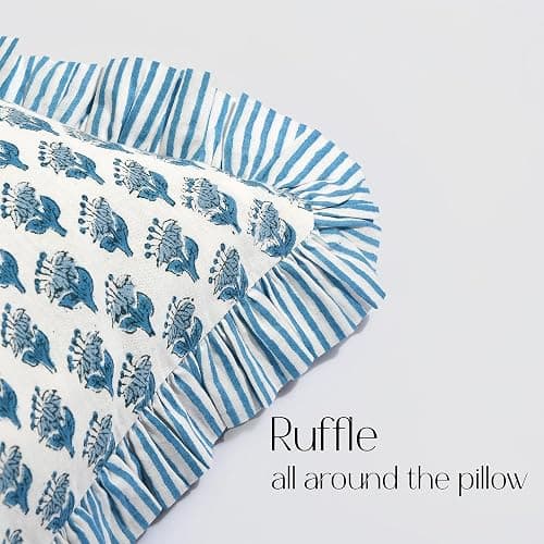 CPC Apatite Blue 100% Cotton Block Print Ruffle Sham Cover 14x36 inch, Handmade Boho Floral Pillowcase, Farmhouse Cottagecore Bedding, Soft Decorative Cushion Cover for Bedroom Décor thumbnail 5