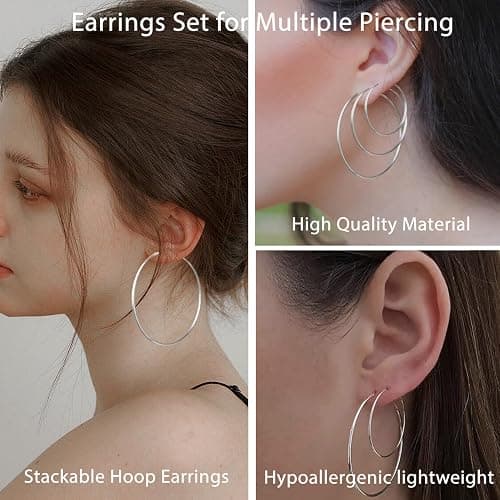 PABBEU Silver Hoop Earrings Large 316L Stainless Steel Earrings Lightweight Silver Earrings Hypoallergenic Big Thin Silver Earrings for Women s Boucle Doreille Femme 25/30/40/50/60/70mm thumbnail 5