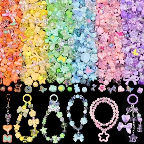 400-450PCS TINKRSTUFF Assorted Acrylic Beads 6 Mixed Colors Cute Beads for Bracelet Making, Bow Aesthetic Flower GummyBear Butterfly Kawaii Charms for Jewelry Making DIY Necklace Keychain Phone Charm - Image 1