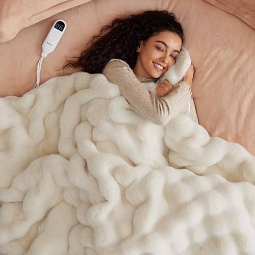 Bedsure Fluffy Bubble Faux Fur Heated Blanket Throw - Super Soft Electric Blanket, Heating with 6 Heating Levels, 4 Time Settings, 3-Hour Auto-Off, Decor Gifts for Home, White, 50x60 inches thumbnail 2