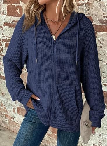 Dokotoo Women's Full Zip Up Hoodies Waffle Knit Long Sleeve Drawstring Casual Sweatshirt Hooded Tops thumbnail 3