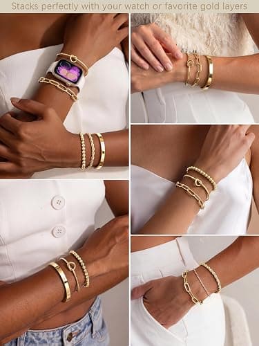 Gokeey Gold Bracelets Set for Women Non Tarnish, Waterproof 14K Gold Plated Sterling Silver Chunky Cuff Bracelet Stackable Gold Bangles Bracelet for Women Trendy Fashion Accessories Tie Knot Cuban Rope Paperclip Beaded Bracelet Stack Jewelry Mothers Day Gifts for Mom Birthday thumbnail 4