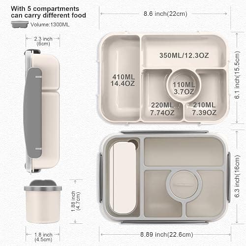 Amathley Bento Box Adult Lunch Box Kids,Lunch Containers for Adults/Kids/Toddler,5 Compartments Bento Lunch Box with Sauce Vontainers,Microwave & Dishwasher & Freezer Safe,BPA-Free (White) thumbnail 2
