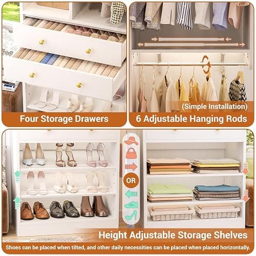 10FT Closet System with 4 Drawers, 120" Closet Organizer System with 6 Hanging Robs & Reversible Hanging Shelving, Closet Systems for Walk-in Closets, Load 2000+LBS, White thumbnail 6