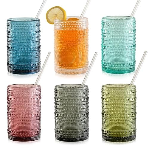 KMIGRUAN 15oz Colored Hobnail Drinking Glasses Set of 6,Vintage Kitchen Glassware,Embossed Beaded Glass Cups,Water Tumbler for Cocktail,Juice and Various Mixed Drinks - Image 1