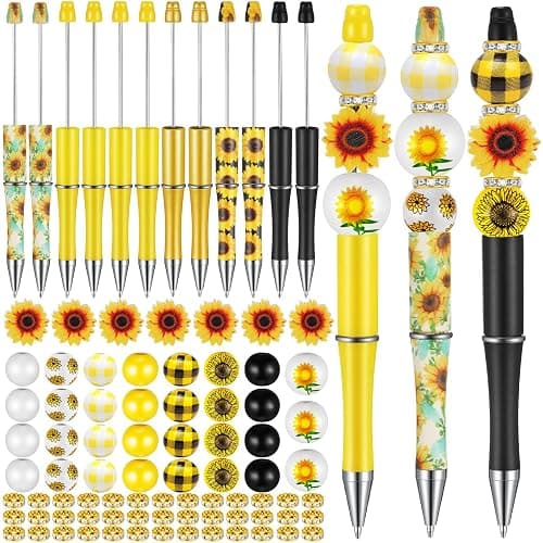 Geyee 12 Set Plastic Beadable Pens Assorted Bead Pens Crystal Wood Round Spacer Set Black Ink DIY Ballpoint for Women Men Gift Office Supplies(Sunflower) - Image 1