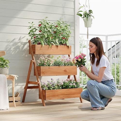 WOLTU Jardinière Surélevée, Étagère Escalier pour Plantes à 2/3 Niveaux avec Boîtes à Fleurs, pour Terrasse Balcon Jardin Intérieur Extérieur, 80x62x100 cm, en Bois, Marron thumbnail 2