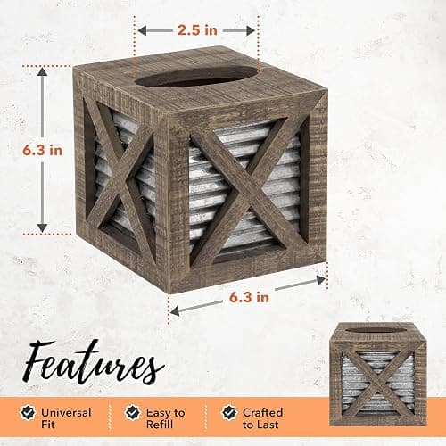 Autumn Alley Barn Door Rustic Square Farmhouse Tissue Box Cover, Farmhouse Bathroom Accessories, Rustic Bathroom Décor Tissue Holder, Wood Tissue Box Cover with Galvanized Decor thumbnail 3