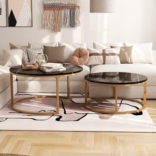 WiberWi Round Coffee Table Nesting Tables Set of 2, Large : Ø 34.0", Small : Ø 26.0", Modern Design Coffee Tables for Living Room, Gold Metal Frame Circle Cocktail Table, High Glossy Faux Black Marble - Black Faux Marble thumbnail 6