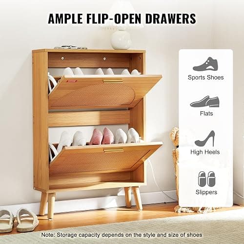 VEVOR Shoe Cabinet with 2 Flip Drawers, Shoe Storage Cabinet for Entryway, Free Standing Shoe Storage Organizer with Rattan Doors for Heels, Boots, Slippers in Hallway, Living Room - 23.62"D x 6.61"W x 34.53"H thumbnail 5