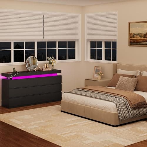 6 Drawer Dresser for Bedroom, Black Dresser with Power Outlet, LED Light, Sliding Desktop, Modern Wood Dressers, Dual Wide Chest of Drawers Storage Organizer for Bedroom,Living Room,Entryway,Hallway thumbnail 9
