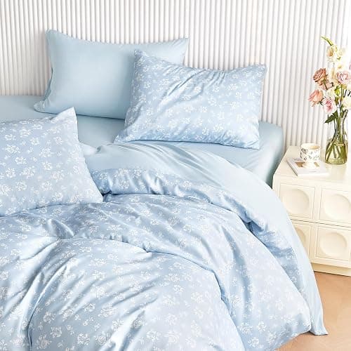 Wake In Cloud - Floral Comforter Set, Coquette Cottagecore Aesthetic Flower Shabby Chic Pattern for Women Teen Girls, Soft Lightweight Bedding, 3 Pieces, Light Blue, Twin/Twin XL Size thumbnail 5