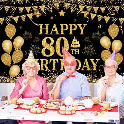 80th Birthday Decorations for Men Women - Happy 80th Birthday Banners Decorations Black Gold 80 Years Birthday Party Favor Backdrop for 80th Birthday Party Sign Decor (71 x 45 inch) thumbnail 5