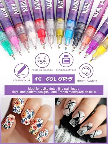 12 Color Nail Art Markers Kalolary Nail Art Pens Quick Dry Nail Polish Pen | 0.5mm Acrylic Paint Pen Nail Point Graffiti Dotting Pen Drawing Painting Liner Brush for DIY Nail Art Manicure Tools thumbnail 3