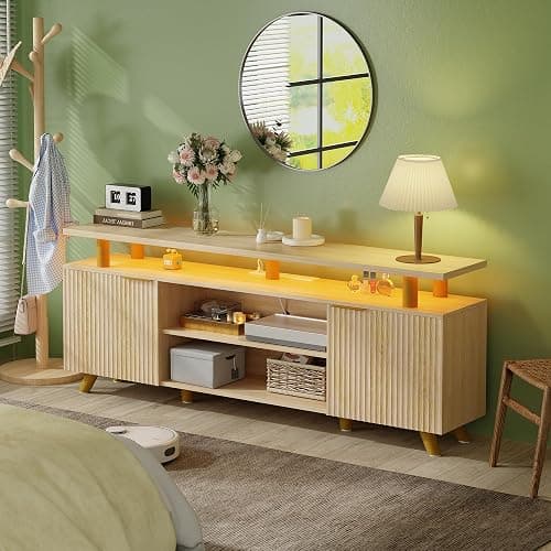 Lulive Modern TV Stand for 55/60/65/70 inch Television, Entertainment Center with Wooden Storage Cabinets and Power Outlet，Media Console for Living Room Bedroom (Natural Oak) thumbnail 7