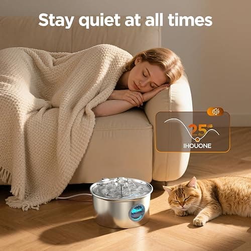 Stainless Steel Cat Water Fountain: 88oz/2.6L Ultra Quiet Pet Fountain with Flower Kitty Spout & LED Blue Light Water Dispenser with Water Level Window for Cats/Dogs Indoor (Silver) - IHOUONE thumbnail 5