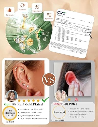 ORAZIO 18G 16G Hypoallergenic Flat Back Earrings Stud Earrings - 316L Surgical Steel Internal Thread Stud Piercing Jewelry for Tragus/Helix/Conch/Medusa/Lip/Labret - Helix Tragus Cartilage Earrings for Women thumbnail 6