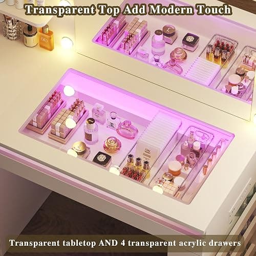 HUAHUU Vanity Desk with Lighted Mirror & Transparent Top, Makeup Vanity Desk with 4 Transparent Drawers and RGB Lighting, Built-in Power Outlet, 3-Tier Side Shelves & Storage Organizer for Bedroom thumbnail 3