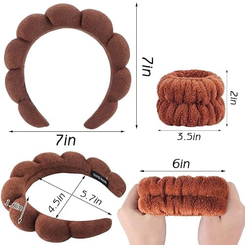 Zkptops Spa Headband for Washing Face Wristband Set Sponge Makeup Skincare Terry Cloth Bubble Soft Get Ready Hairband for Women Girl Puffy Padded Headwear Non Slip Thick Hair Accessory(Dark Brown) thumbnail 6