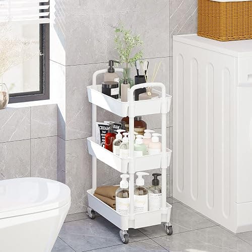 UDEAR 3-Tier Kitchen Rolling Utility Cart,Multifunction Storage Organizer with Handle and 2 Lockable Wheels for Kitchen,Bathroom,Living Room,Office,White - 3-Tier - White thumbnail 5