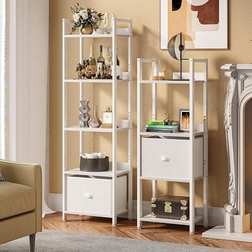 Furologee 5 Tier Bookshelf with Drawer, Tall Narrow Bookcase with Shelves, Wood and Metal Book Shelf Storage Organizer, Modern Display Standing Shelf Unit for Bedroom, Living Room, Office, White thumbnail 2