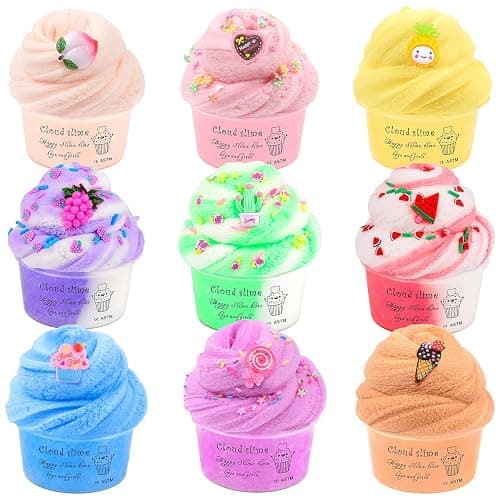 Cloud Slime Kit 9 Pack, with Peach Watermelon Pineapple Cake Slime Charms, DIY Slime Supplies for Girls and Boys, Stress Relief Toy for Kids Education, Party Favor, Gift and Birthday - 9pack - Image 1