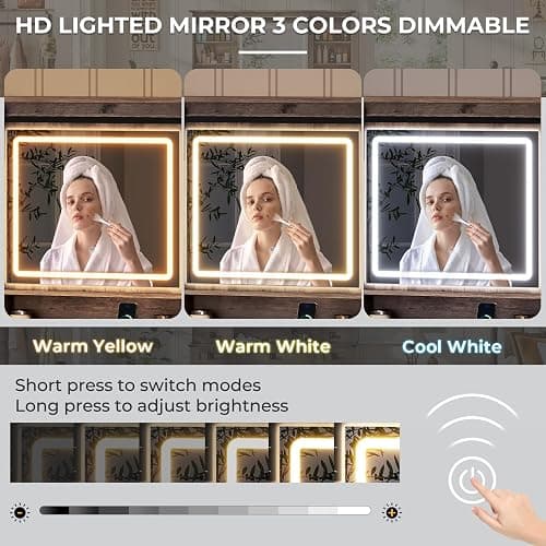 Makeup Vanity Desk with Lights, 47.2" Farmhouse Vanity Table with Sliding Mirror & Charging Station, Large Makeup Desk with 5 Drawers & 2 Cabinets, Rustic Oak thumbnail 5