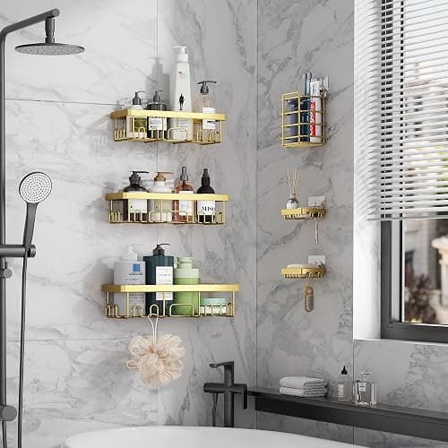 Veken Adhesive Shower Caddy 6-Pack,Gifts for Women Mom,Heavy Weight Bearing,Large Wall Mounted Bathroom Shelves Rack,Organizer Storage Accessories with Soap Dish&Toothbrush Holder,Bright Gold thumbnail 5