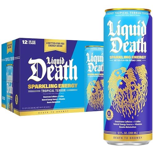 Liquid Death Sparkling Energy - Tropical Terror (Piña Colada Flavor), Sugar-Free Energy Drink, Unextreme Caffeine 100mg, Essential Vitamins, 12 Fl Oz (Pack of 12) - Image 1