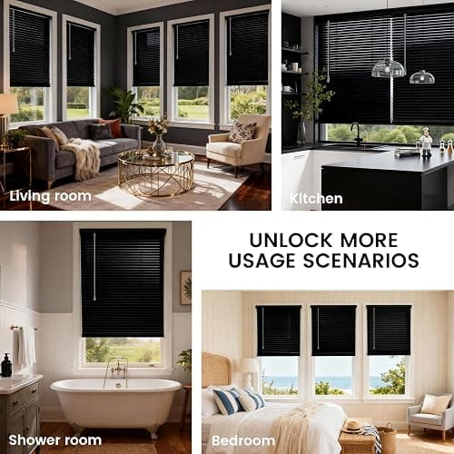 100% Privacy 1" Vinyl Cordless Mini Blinds for Indoor Windows 20.5" WX36 H. | L-Shaped Blades Horizontal Room Darkening & Light Filtering Blind for Home Black. thumbnail 6