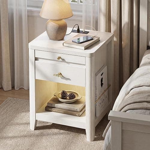 nesture. Nightstand with Charging Station and LED Light, Wood Curved Night Stand with 2 Drawer and Open Shelf,Mid Century Modern Bedside Table with Side Storage for Bedroom,End Table Living Room Wihte thumbnail 9
