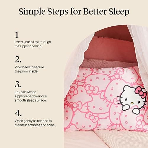 Kitsch x Hello Kitty Pillow Case – Pink Kitty Faces Toddler Bed Time Satin Pillowcase with Zipper – Soft Cooling Pillow Cover for Hair & Skin – Better Than Silk Pillowcase – Queen/Standard 19x26 thumbnail 6