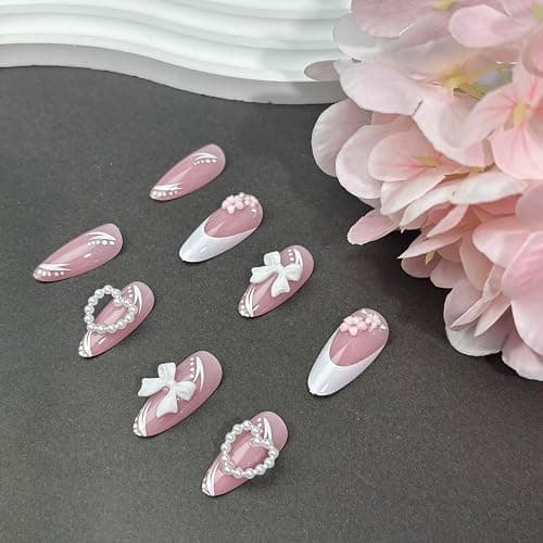 White French Tip Press on Nails Medium Almond Fake Nails with White Bow Flower Designs Glossy Valentines Pearl Heart Charms False Nails False Nails Press ons Cute Floral Acrylic Nails for Women 24Pcs thumbnail 4