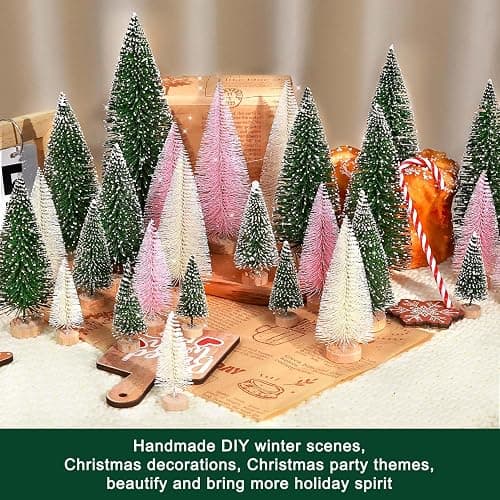 30Pcs Mini Christmas Trees Artificial Christmas Tree Bottle Brush Trees with Wooden Base for Christmas Decor Christmas Party Home Table Craft Decorations(Green+Beige+Pink) thumbnail 4