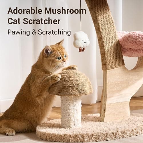 Kicari Aesthetic Flower Cat Tree Tower with Scratching Post for Indoor Cats, 37" H Modern Cat Tree with Wood Sculpted Branch, Flower Cat Beds, Mushroom Scratcher & Interactive Squeaky Toy, Pink thumbnail 5