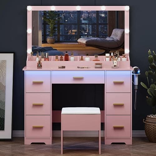 METOTI 44" Vanity Desk with 38" Large Mirror and 9 LED Lights & Glass Top and Power Outlet, Makeup Vanity Set with 7 Drawers & Chair and RGB Ambient Light, Dressing Table for Bedroom, Modern Pink thumbnail 8