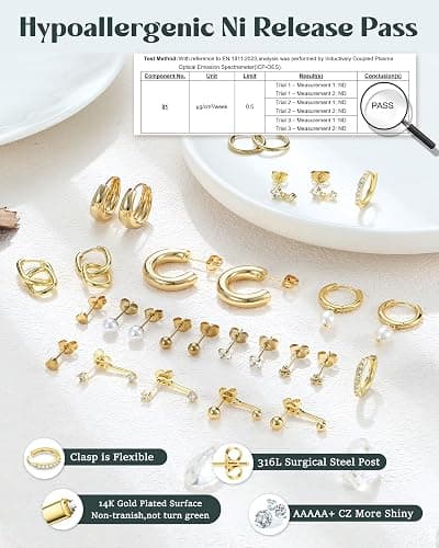 Hypoallergenic Gold Stud Hoop Earrings for Women Lightweight Small 14K Gold Plated Chunky Huggie Hoops Surgical Stainless Steel Stud Earring Dainty Cartilage Earrings Stacks for Women Jewelry Gifts thumbnail 5