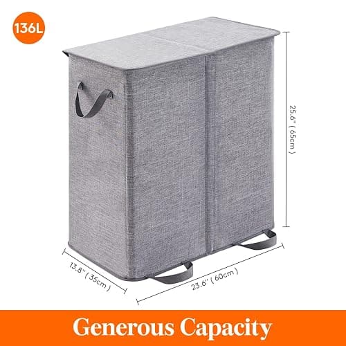 Lifewit Double Laundry Hamper with Lid and Removable Laundry Bags, Large Collapsible 2 Dividers Dirty Clothes Basket with Handles for Bedroom, Laundry Room, Closet, Bathroom, College, 136L Gray thumbnail 7