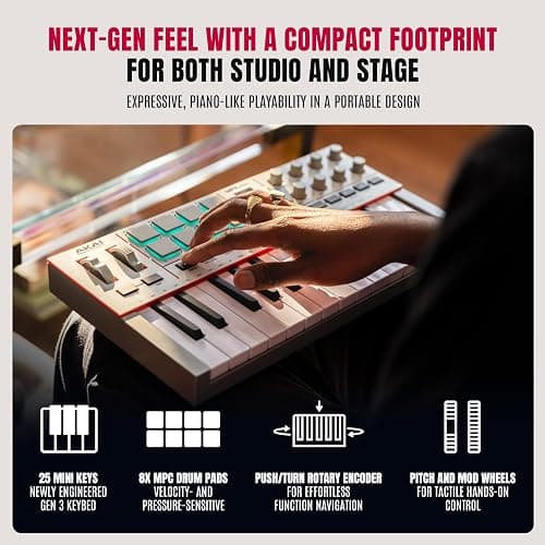 Akai Professional MPK Mini IV USB-C MIDI Keyboard Controller for Beginners and Producers - MPC Drum Pads, 360° Knobs, Pitch and Mod Wheels, Production Software, Native Instruments Sound Package, Grey thumbnail 3