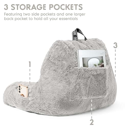 Nestl Fur Reading Pillow, Stylish Back Pillow for Bed Sitting Up, Faux Fur Bed Chair Pillow with Arms, Reading Pillows for Sitting in Bed Adult & Kids, Back Support Pillow for Bed Rest - Light Grey thumbnail 5