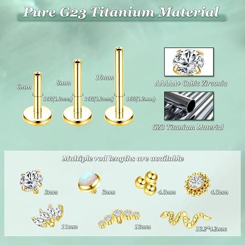 LOLIAS 16G G23 Titanium Tragus Conch Helix Piercing Jewelry 6mm 8mm 10mm - Internally Threaded Flat Back Stud Cartilage Earrings Hypoallergenic Forward Earlobe Labret Tragus Piercing Jewelry thumbnail 3