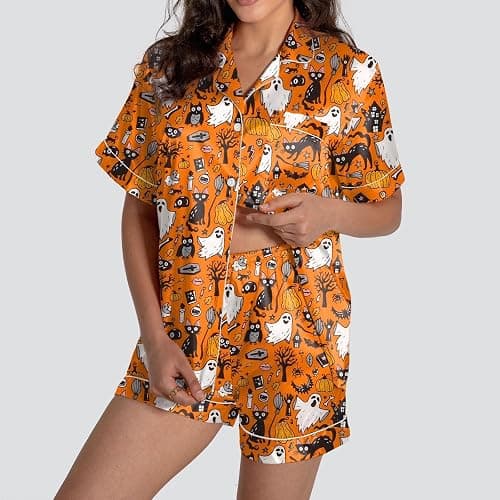 Short Pajama Set for Women 2025 Halloween Costume Graphic Button Up Sleepwears Ladies Ctue 2 Piece Top and Shorts Pjs Sets - 112-gold - XX-Large thumbnail 2