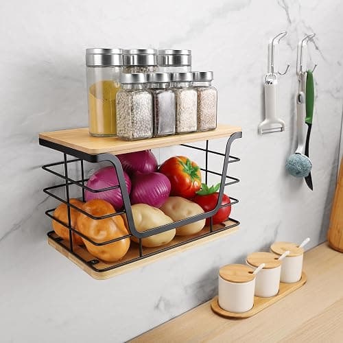 ALOCEO Large Wire Basket for Kitchen Pantry, Stainless Steel Kitchen Counter Organizer for Potato Onion, Trash Bag Dispenser Under Sink with Bamboo Top, Black thumbnail 4