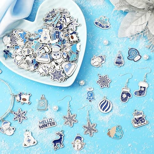 SANNIX 110Pcs/55 Pairs Christmas Winter Charms, Winter Charms for Jewelry Making, Assorted Snowflake Penguin Snowman Polar Bear Gold Enamel Charm Pendants for DIY Bracelet Necklaces Earrings Craft thumbnail 4
