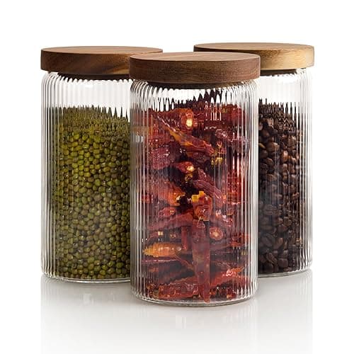 Mason & Fable Ribbed Glass Jars with Wooden Lid 27 fl oz- Set of 3 | Airtight Fluted Storage Container for Pasta, Coffee, Candy, Dog Treats, Snacks | Glass Organization Canisters for Home & Kitchen - 27oz Set of 3 - Image 1