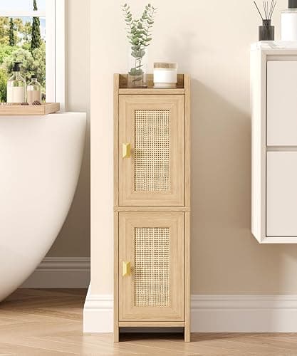 Akxomel Rattan Small Bathroom Cabinet with 2 Doors, 7.9''D x 7.9''W Narrow Toilet Paper Storage Cabinet, Bathroom Organizer for Small Spaces, Wooden Slim Corner Unit with Adjustable Shelf, Natural Oak - Image 1