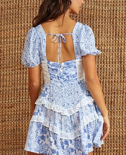 Women's Floral Patchwork Mini Dress Y2K V-Neck Tie Back Ruffle Tiered Boho Swing Short Dress - Medium - Blue Ruffle thumbnail 6